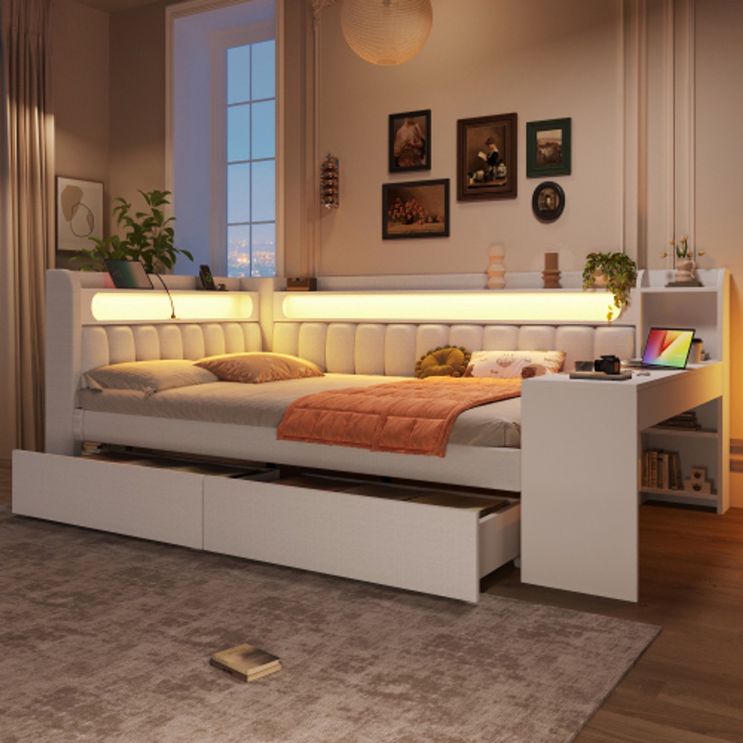 Zubaliya Kinderbed, Tweepersoonsbed, Gestoffeerd 140x200 daybed met USB-aansluitingen en LED-strip, met bureau en 2 lades, wit