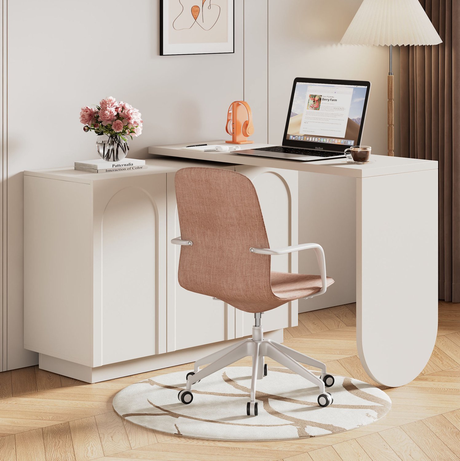 Wishdor Hoekbureau met draaibaar blad en drie kasten - Draaibaar en compact op te bergen - Verstelbare legplanken en zacht sluitende deuren - Kantoor en werkkamer - Wit MDF - 110 x 40 x 75 cm