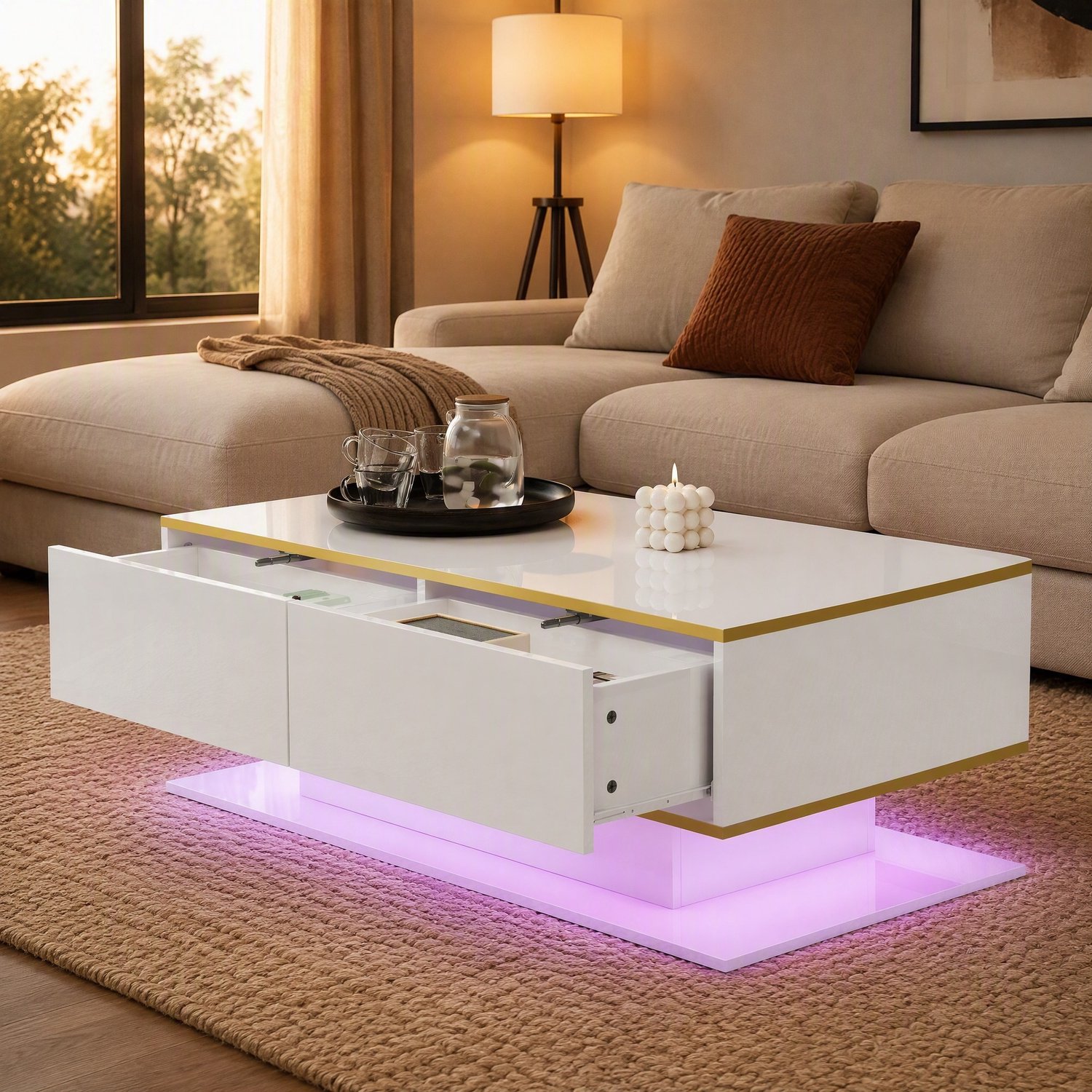 Maisentiel Salontafel wit en goud met 3 lades, ledverlichting en hoogglans afwerking - 100 x 50 cm