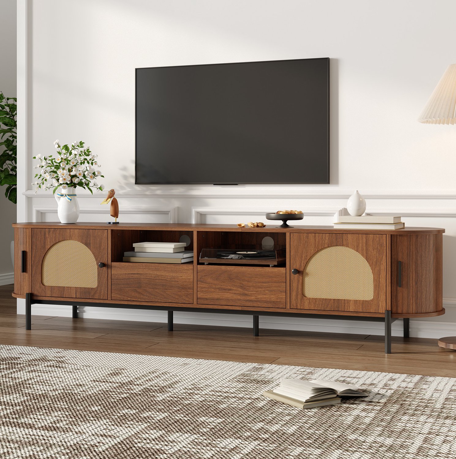 Maisentiel Ovaal tv-meubel met rotan deuren en lades - walnootkleurig - 200 x 40 x 49,5 cm