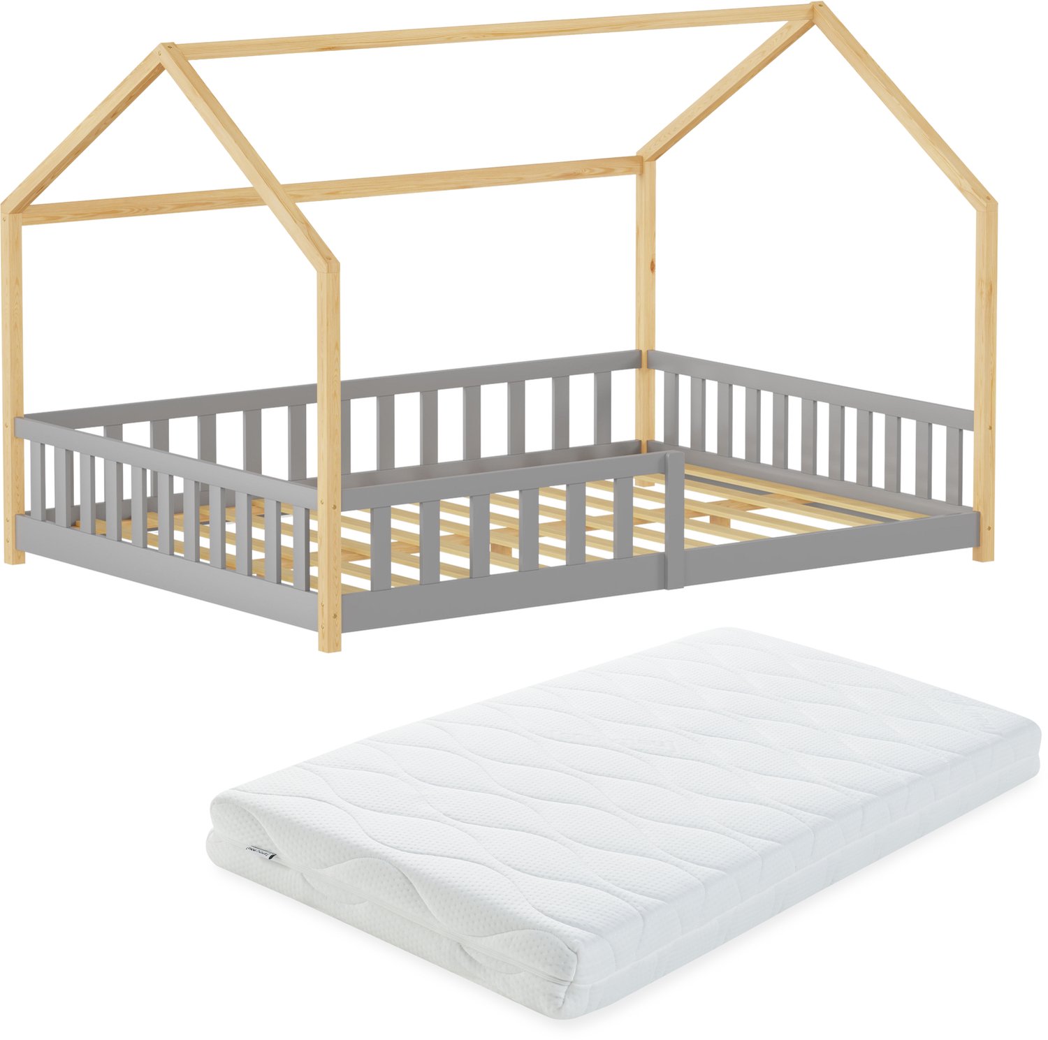 en.casa Montessori bed Hesel met valbeveiliging en matras 140x200 cm grijs naturel [en.casa] grijs en naturel