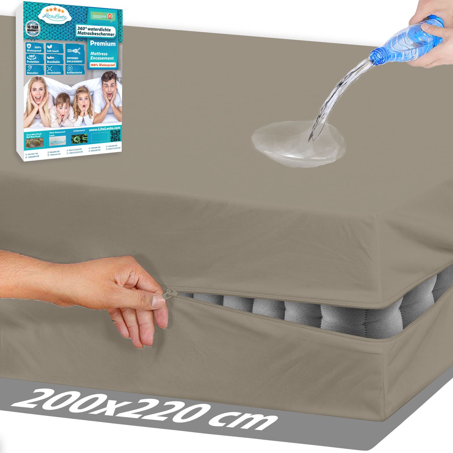 Litalente Luxe Waterdichte Matrashoes Met Rits - Matrasvernieuwer 200 x 220 cm - Taupe - Anti Bedbug - Allergie, Huisstofmijt en Antibacteriële - 100% Waterdichte en Bedwantsbestendige Matrasbeschermer Molton - Ritssluiting
