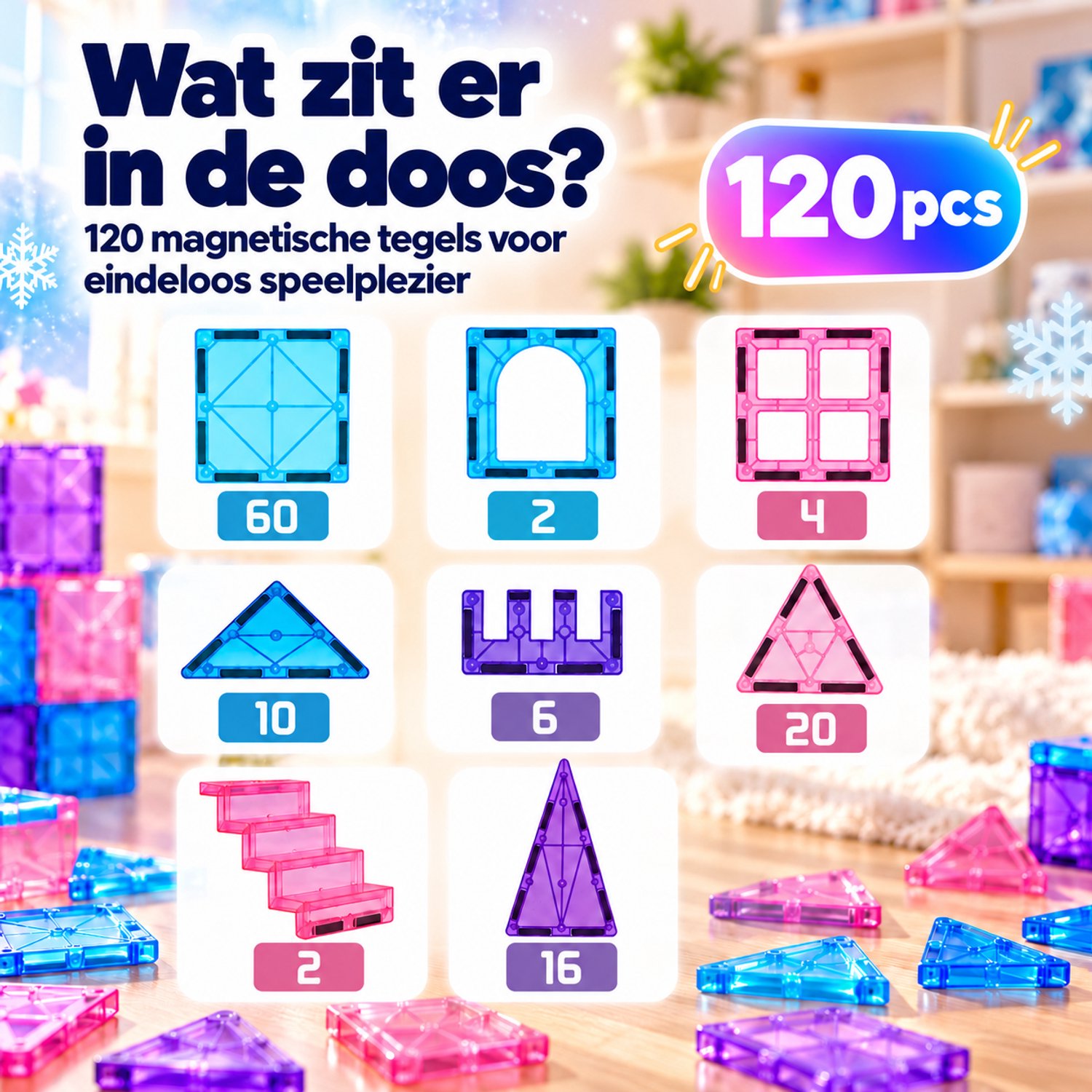 Magna Minds - Magnetic Tiles - Ice prince/princess - Magnetisch Speelgoed - 120 stuks - Constructie speelgoed - Magnetische tegels - Montessori speelgoed - Magnetic toys - Magnetische bouwstenen - Speelgoed Kinderen — afbeelding 2