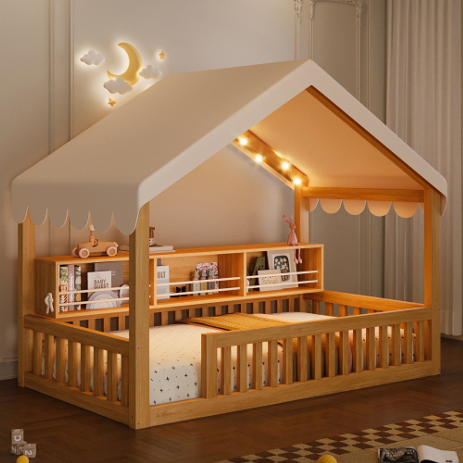 Zubaliya Kinderbed, Eenpersoonsbed, 90x200 cm van hout met hemel, LED-lichtslinger en boekenrek – Vloerbed met veiligheidshekje, Naturel