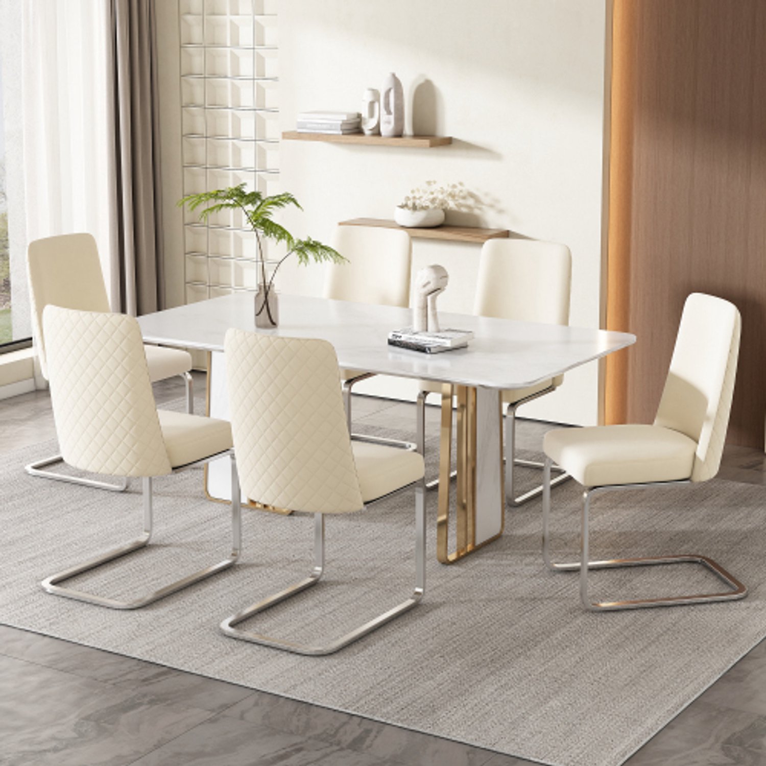 Merax Fluweel eetkamerstoel - set van 6 - woonkamer - slaapkamer - loungestoel - diamanten rugmotief met zilverkleurige metalen steunpoten - beige Beige en Zilver