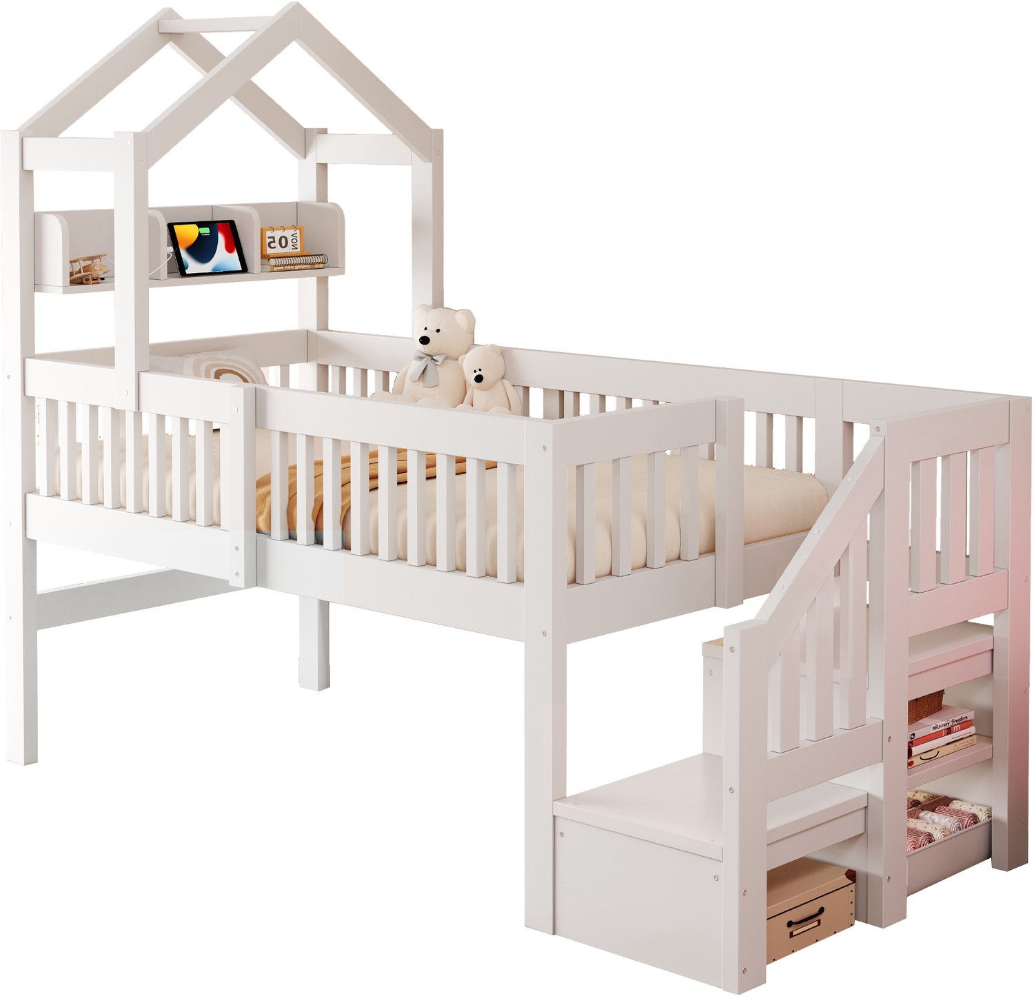 MUVANO Witte houten halfhoogslaper 90x200 - Kinderbed met dakframe - Opbergtrap en uitvalbeveiliging - Opbergplank met USB - LED-verlichting - Kinderkamer
