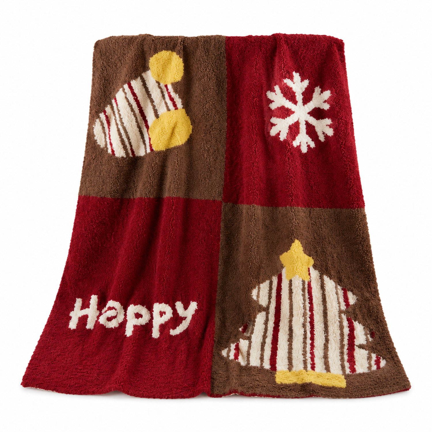 SWGOTA Gebreide kerstplaid met sneeuwvlokken en kerstboom, 130 x 170 cm, polyester bankdeken Rood