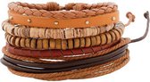 Brede leren armband uit Tibet met houten kralen en touw - bruin en zwart
