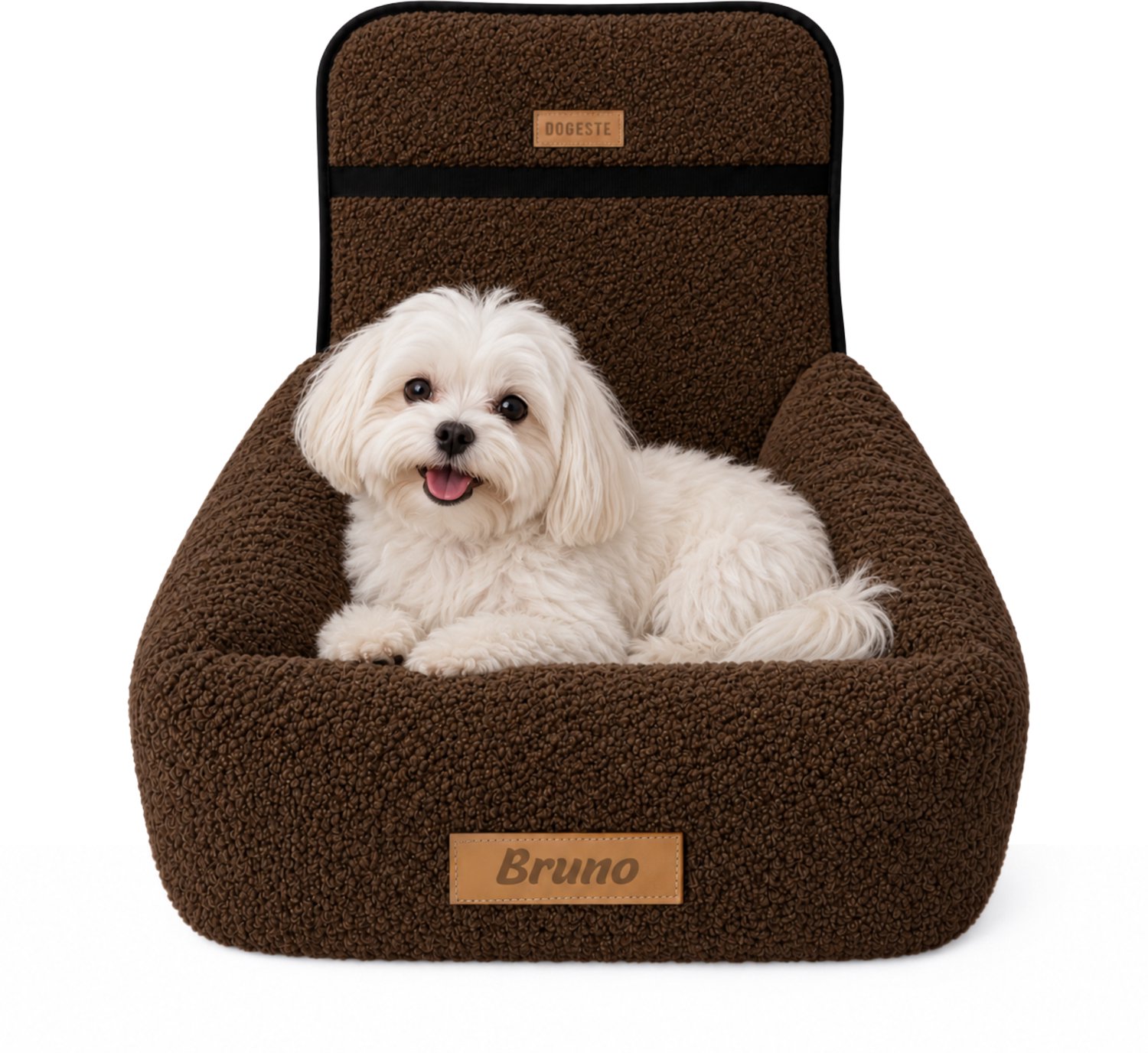 Dogeste Softi Hondenautostoel en Hondenmand 2-in-1 – Chocoladebruin Teddy Materiaal – Autostoel voor Honden, Draagbare Hondenmand voor in de Auto, Comfortabel Hondenbed, Personaliseerbaar