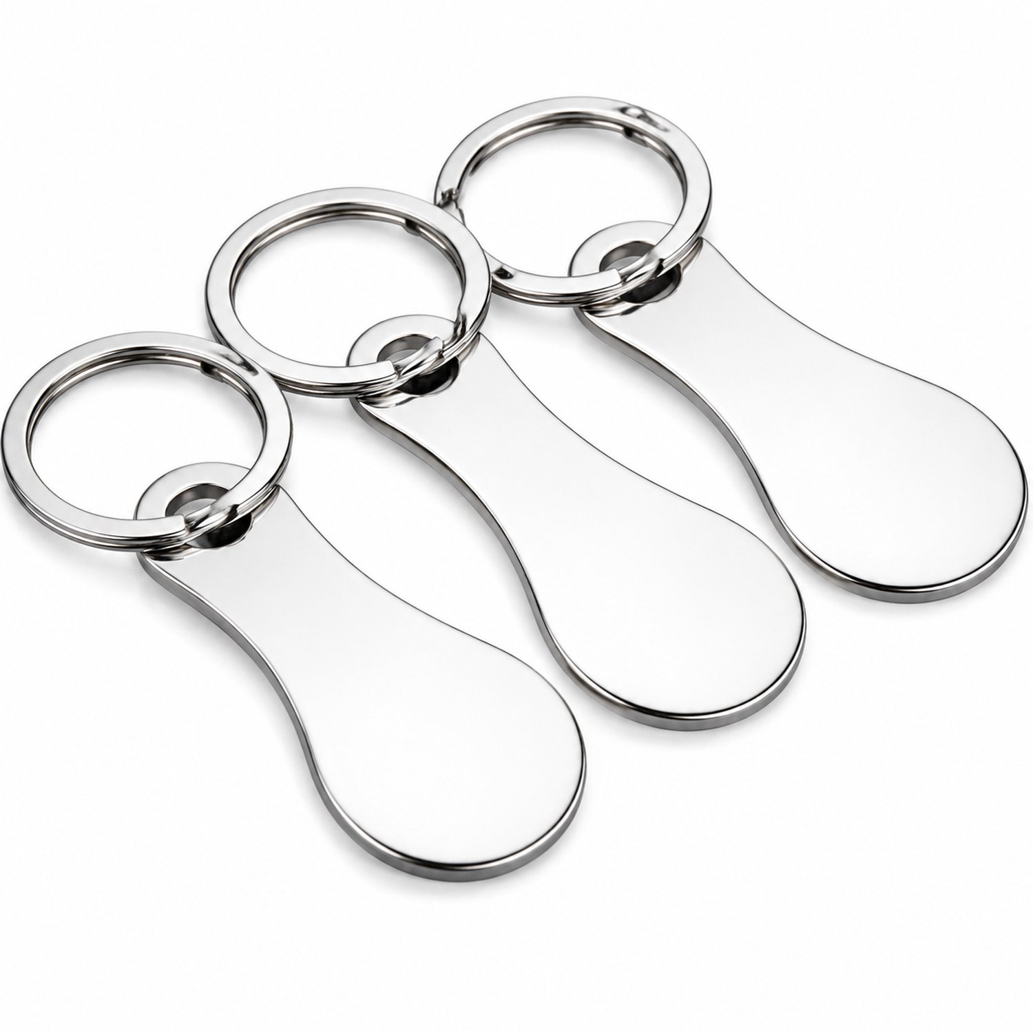 Sleutelhanger met roestvrijstalen winkelwagenmunt - 3 stuks met sleutelring, platte druppelvorm, zakverpakking