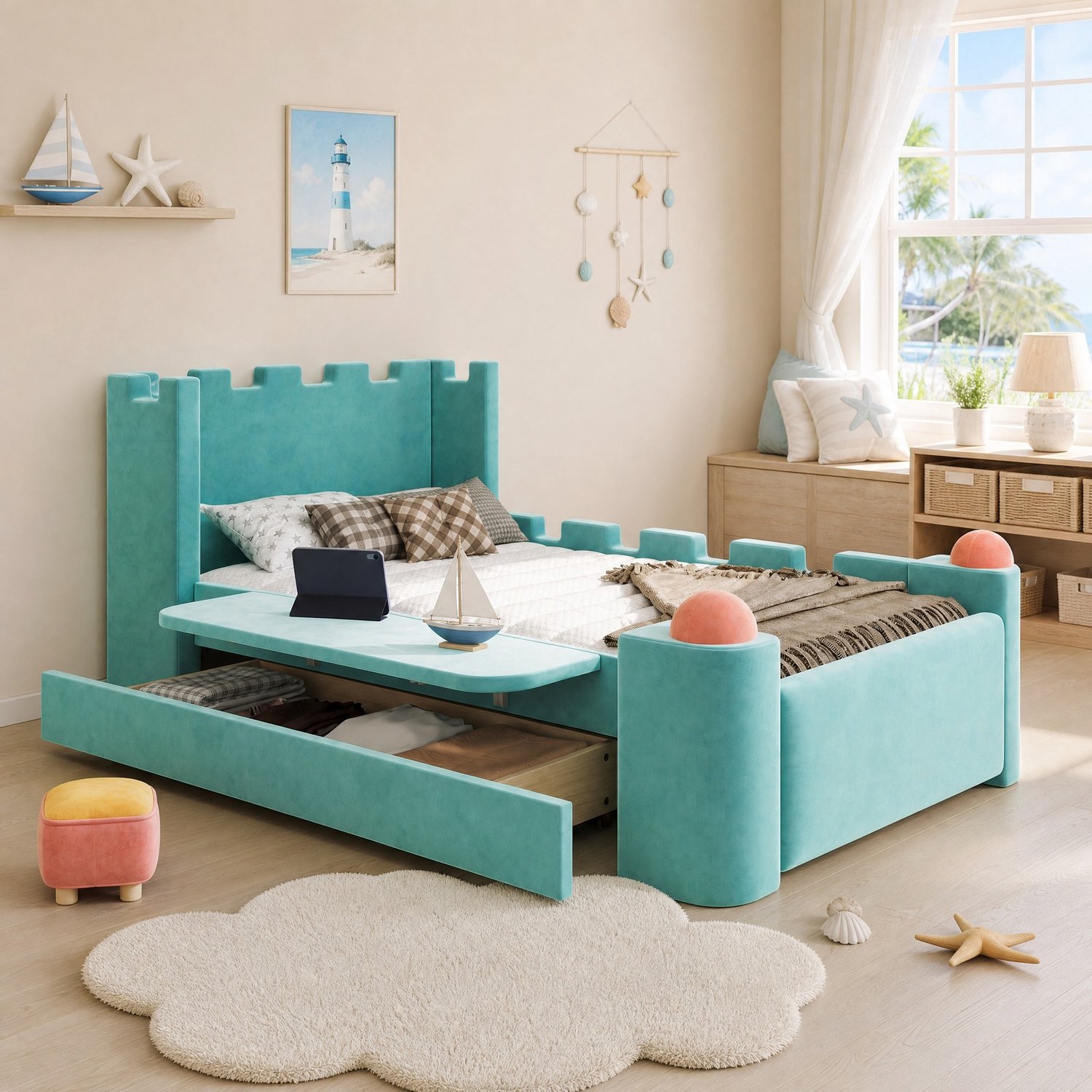 Wishdor Kinderbed 90x200 cm - Eenpersoonsbed met kasteelontwerp - Opklapbaar zijblad en uitschuifbare bedlade - Zachte fluwelen bekleding - Kinderkamer - Blauwgroen