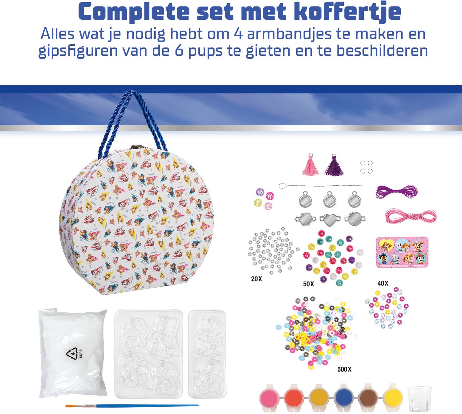 PAW Patrol 2-in-1 Knutselkoffer - 4 armbandjes maken - 300+ kralen - 6 gipsfiguren gieten en schilderen - Speelgoed Kinderen - Knutselen - Voor meisjes en jongens - Vanaf 5 jaar - Totum — afbeelding 9