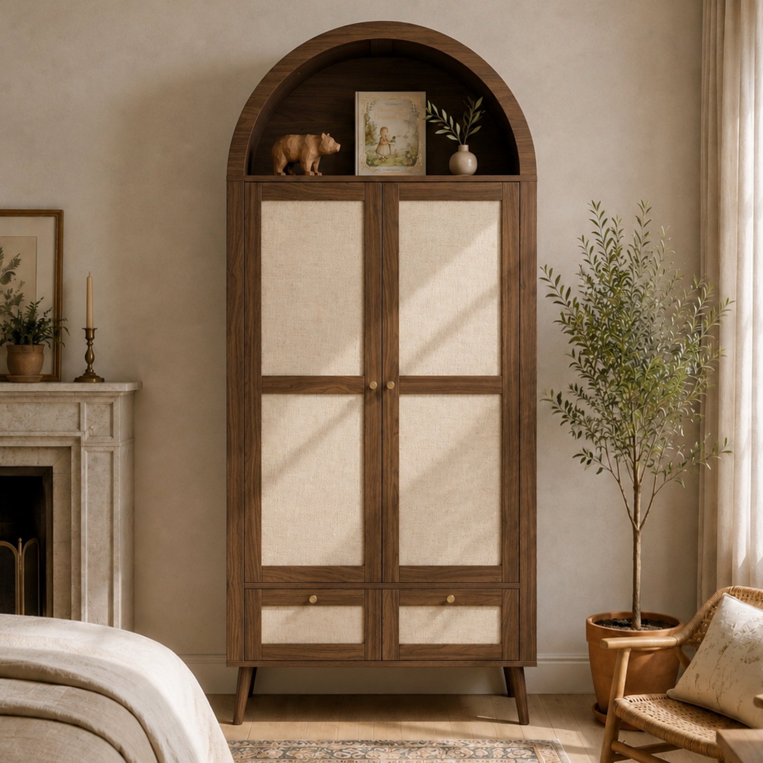 Vovtenza Kleiderschrank met 2 Türen en 2 Schubladen - 180 cm hoog - in Walnussoptik met beige Rattanoptik - Bogenform - Kleiderstange en offener Ablage - Walnuss+Beige Okkernoot