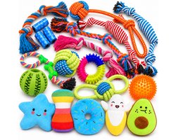 DOWO® - Honden speelgoed Set - 20-Delig - Puppy's t/m Middelgrote Honden - Hondenspeelgoed - Speelgoed Hond - Hondenspeeltjes - Intelligentie - Touw - Flostouw - Bijtring - Bal
