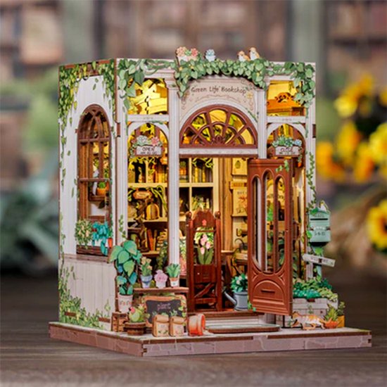 DIY "Boekenhoek" Bouwmodel - Mini Groene Boekhandel - 3D Houten Puzzel - Zelf in elkaar te zetten Huis - Miniatuur Scène Set - Model Speelgoed - Geschikt voor Boekenplanken en Woondecoratie - Inclusief LED-verlichting