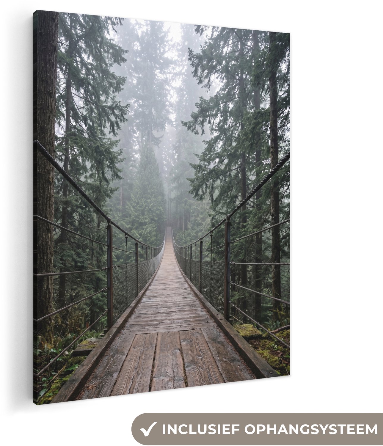 Canvas schilderij 120x160 cm - Exclusieve wanddecoratie Brug - Bos - Mist - Natuur - Muurdecoratie woonkamer - Slaapkamer decoratie - Kamer accessoires - Schilderijen op canvas groot XXL