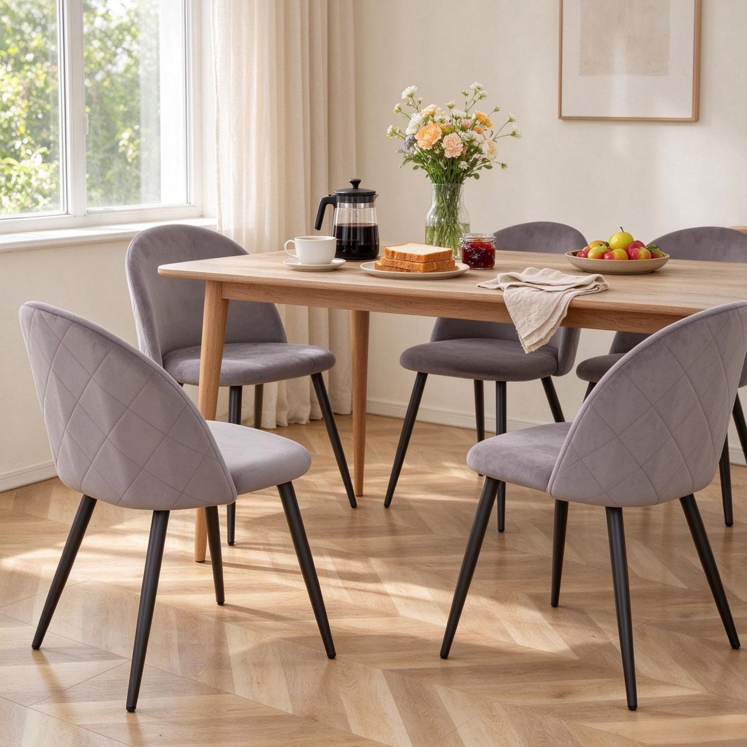 MODENUIT Eetkamerstoel 48 x 47,5 x 80 cm - Set van 4 met Metalen Poten - Eetkamer - Fluweel - Grijs