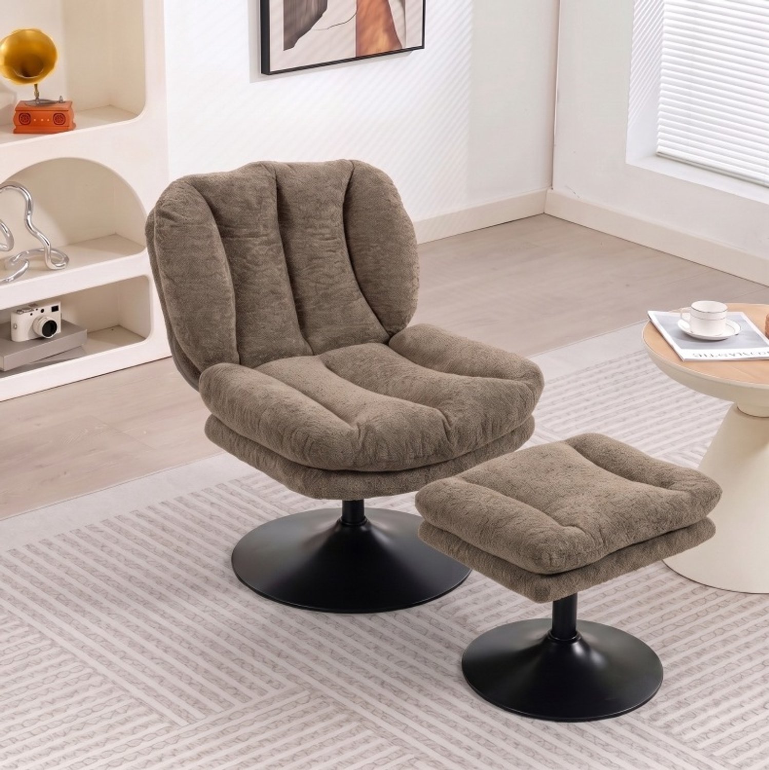 MODENUIT Fauteuil Met Hocker 72 x 92 x 90 cm - 360 Graden Draaibaar - Voor Slaapkamer - Polyester - Bruin
