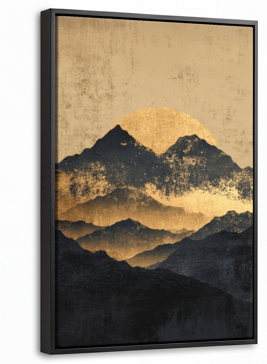 Canvas Schilderij met Baklijst 40x60cm - Gouden Bergen bij Maanlicht - Muurdecoratie woonkamer - Slaapkamer decoratie - Kamer accessoires - Schilderijen op canvas met lijst
