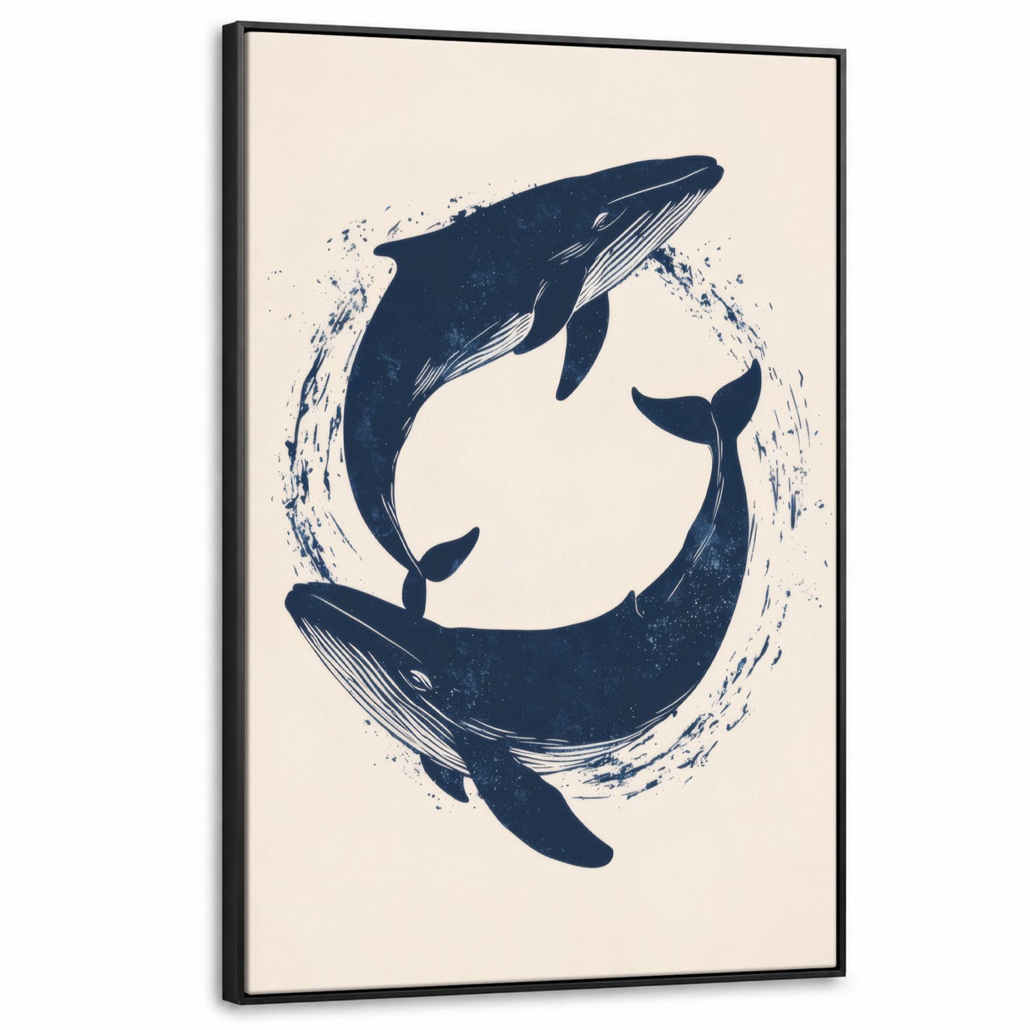 Canvas Schilderij met Baklijst XXL Canvas Schilderij met Baklijst 100x150cm - Walvissen - Spetters - Cirkel - Donkerblauw - Muurdecoratie woonkamer - Slaapkamer decoratie - Kamer accessoires - Schilderijen op canvas met lijst groot