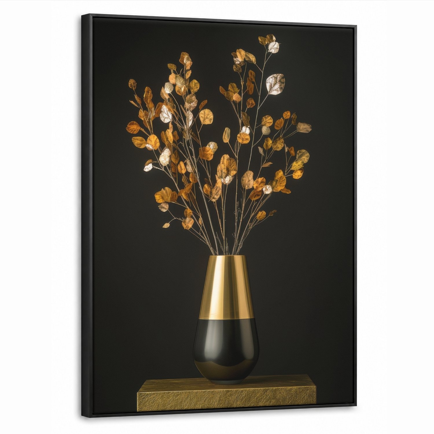 Canvas Schilderij met Baklijst 70x100cm - Goudbruine - Bladeren - Vaas - Herfstachtig - Muurdecoratie woonkamer - Slaapkamer decoratie - Kamer accessoires - Schilderijen op canvas met lijst
