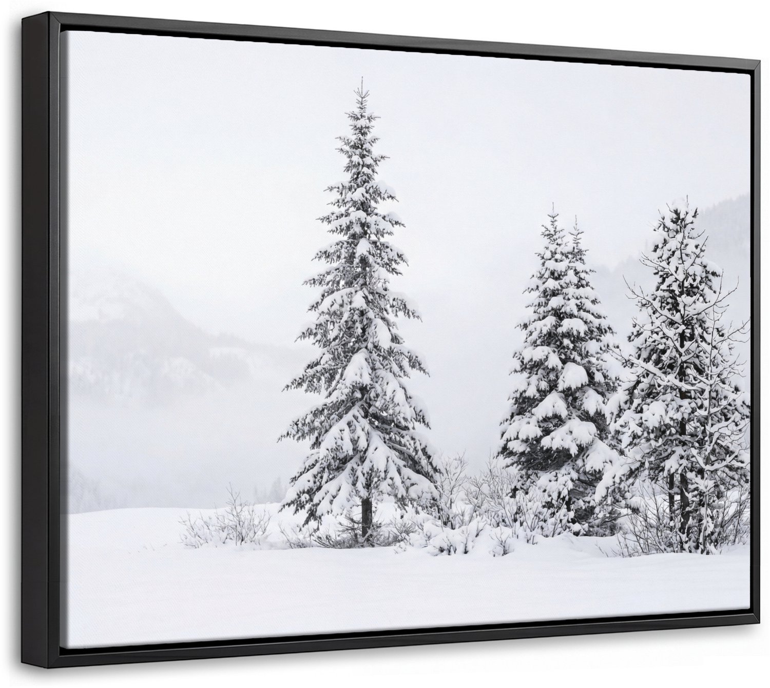 Canvas Schilderij met Baklijst 40x30cm - Fijnsparren - Sneeuw - Winter - Landschap - Stilte - Muurdecoratie woonkamer - Slaapkamer decoratie - Kamer accessoires - Schilderijen op canvas met lijst