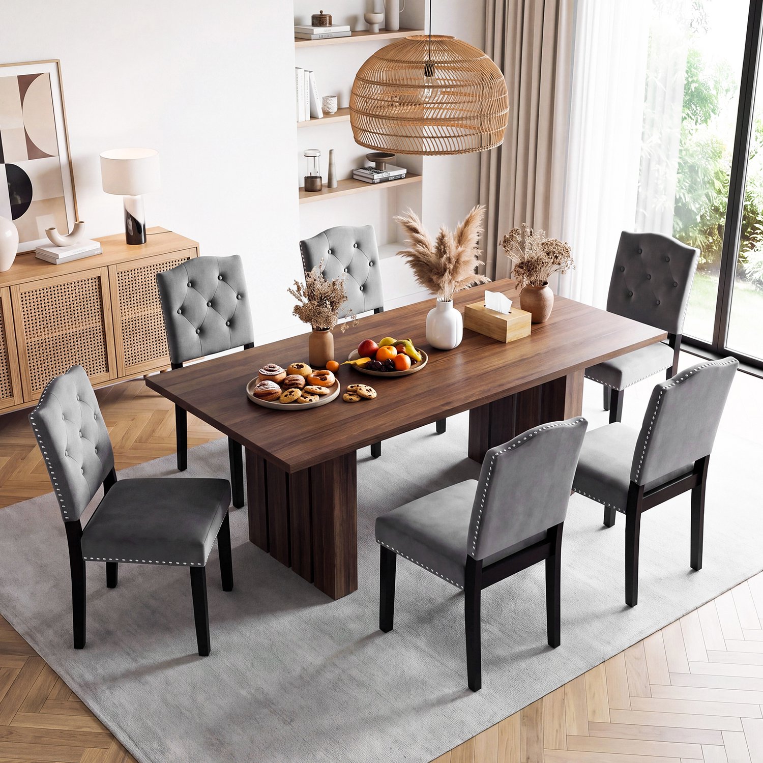 Puluomis Eetkamerstoelen - Set Van 6 - Gestoffeerde stoel - Fluweelstof - Velvet - Massief houten poten - Grijs