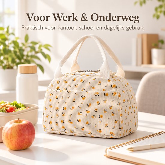 Lifhelpe Lunchtas met Isolatie – Grote Corduroy Lunchbox Tas met Voorvak – Herbruikbare Koeltas voor Werk, Picknick en Reizen – 25,4 × 19 × 19 cm – Crème met Gele Bloemen van Lifhelpe — afbeelding 4