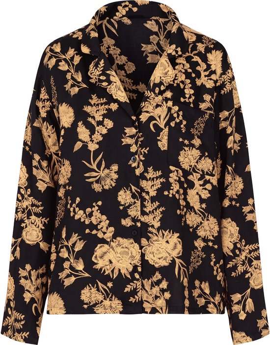 Zwart pyjamashirt met goudkleurige bloemenprint, reverskraag, knoopsluiting en borstzak.