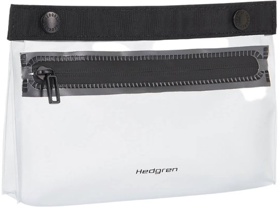 Transparante Hedgren tas met zwarte ritssluiting en een zwarte band met drukknoppen bovenaan.