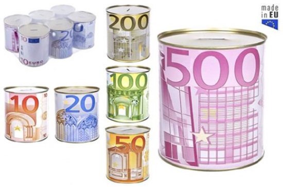 Metalen spaarblikken met verschillende eurobiljet-prints, zoals 10, 20, 50, 100, 200 en 500 euro.