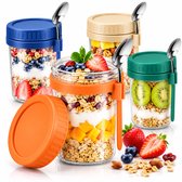 BOTC Overnight Oats Potjes - Voorraadpotten - Set van 4 met Lepels - 4x475ml Mason Jar - Glazen Potjes met deksels - Mason Jar - Lekvrij ontwerp