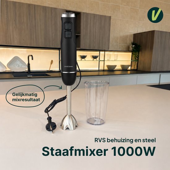 Staafmixer met Maatbeker - 1000W - Zwart - 12 Snelheden + Turbofunctie - Handblender - Vaatwasserbestendig - BPA-vrij - Vivid Green van Vivid Green — afbeelding 2
