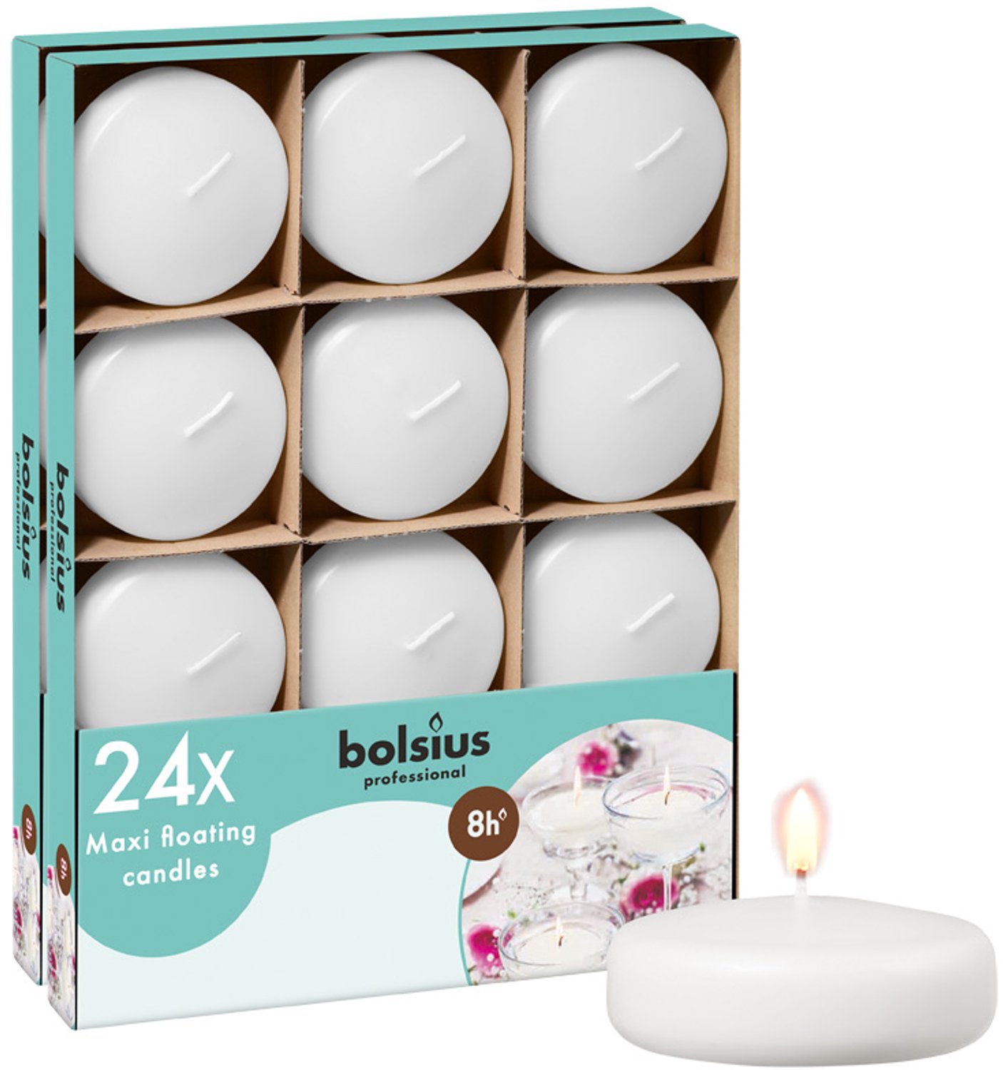 Bolsius Maxi Drijfkaarsen - Wit - 24 stuks - 8 Branduren