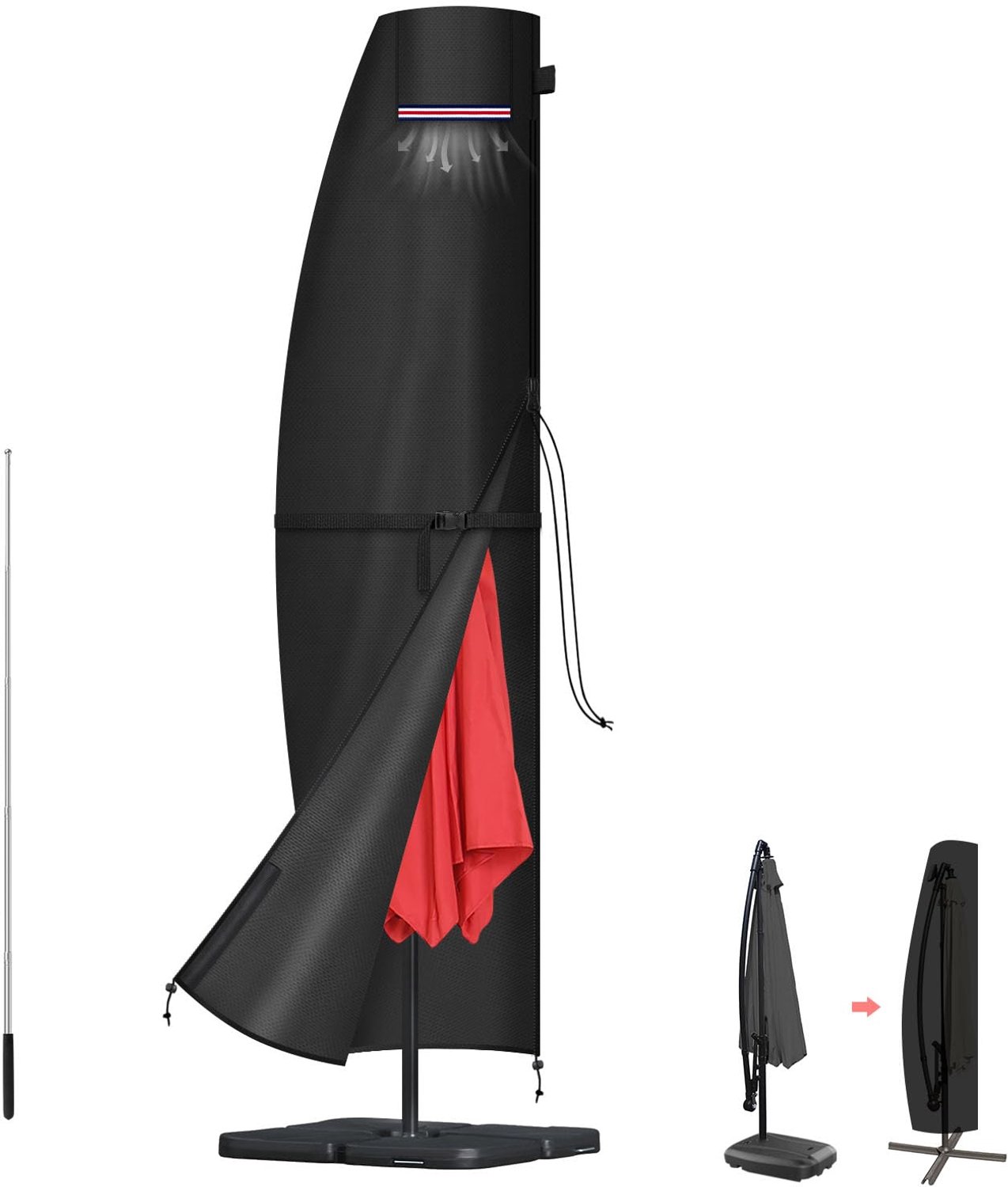 Famanu Waterdichte parasolhoes voor parasols tot Ø 300 cm, gemaakt van 420D Oxford materiaal, beschermhoes met stang en ventilatieopening voor optimale bescherming wit