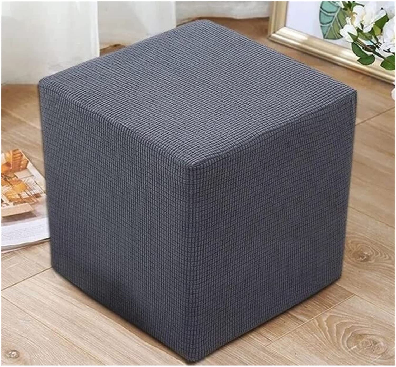 Famanu Vierkante poefhoes voor voetenbank, stretch hoes met elastische bodem, wasbare en textuurstof, 45x45 cm, ideaal voor het beschermen en verfraaien van uw meubels wit