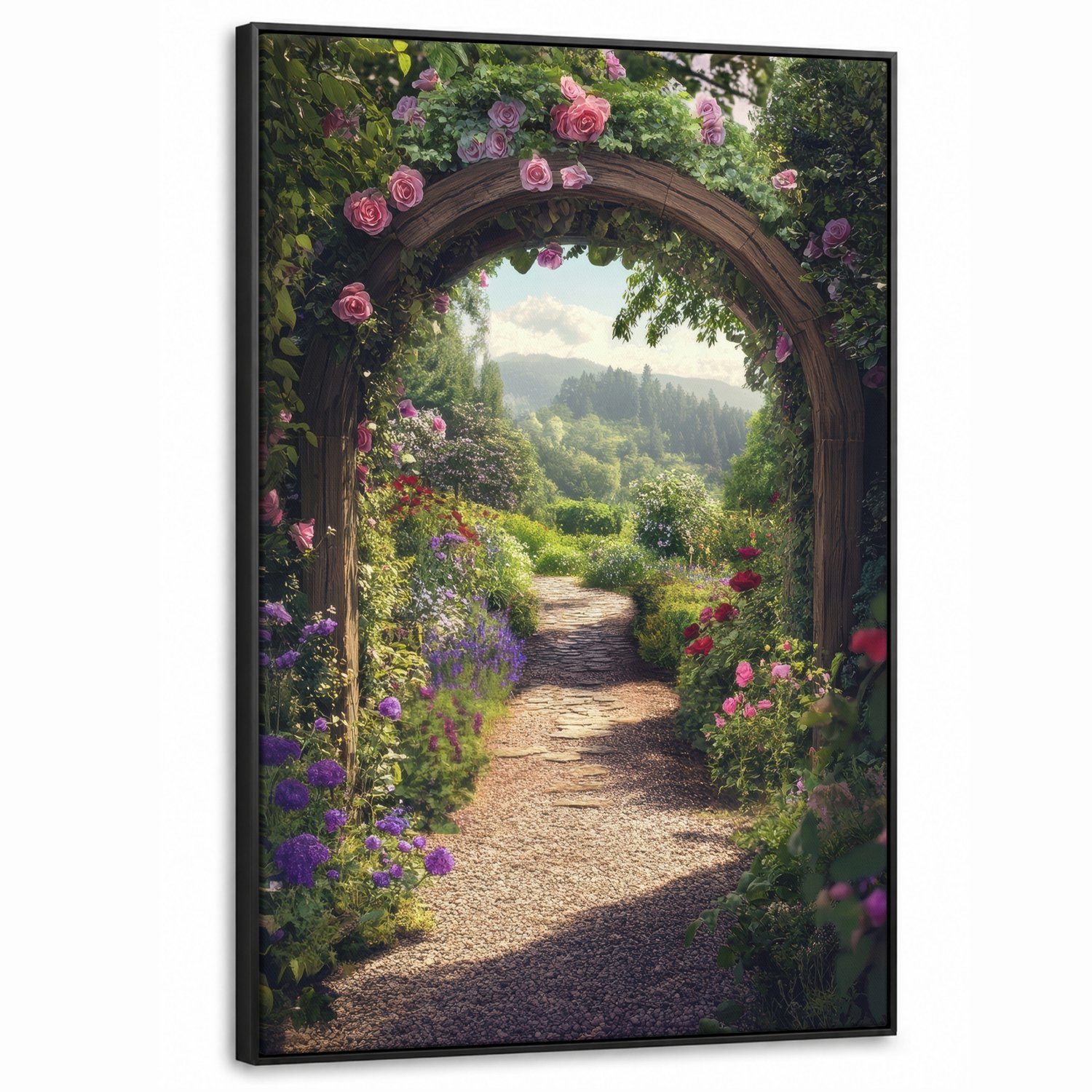 Canvas Schilderij met Baklijst XXL Canvas Schilderij met Baklijst 80x120cm - Doorkijk - Landschap - Bloemen - Rozenboog - Natuur - Muurdecoratie woonkamer - Slaapkamer decoratie - Kamer accessoires - Schilderijen op canvas met lijst groot
