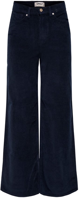 Donkerblauwe corduroy wijde broek met hoge taille, detail van de knoop.