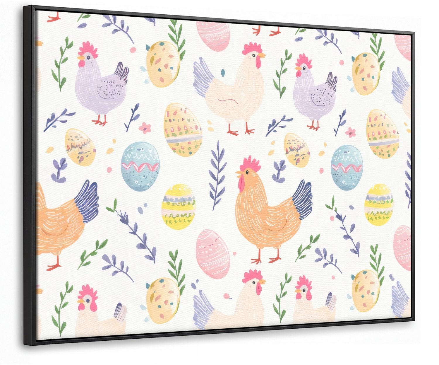 Canvas Schilderij met Baklijst 100x70cm - Patroon - Kip - Paaseieren - Muurdecoratie woonkamer - Slaapkamer decoratie - Kamer accessoires - Schilderijen op canvas met lijst