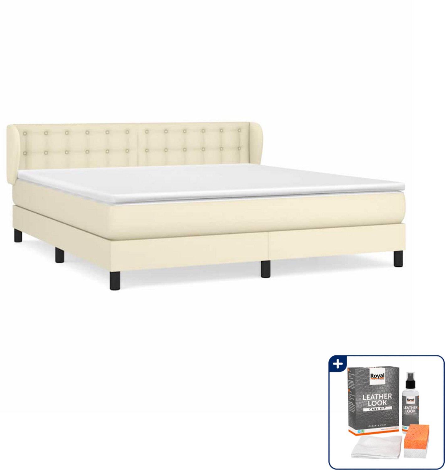 vidaXL boxspring met matras - Queensize - 160 x 200 cm - crème - Inclusief onderhoudsset voor kunstleer 150 ml
