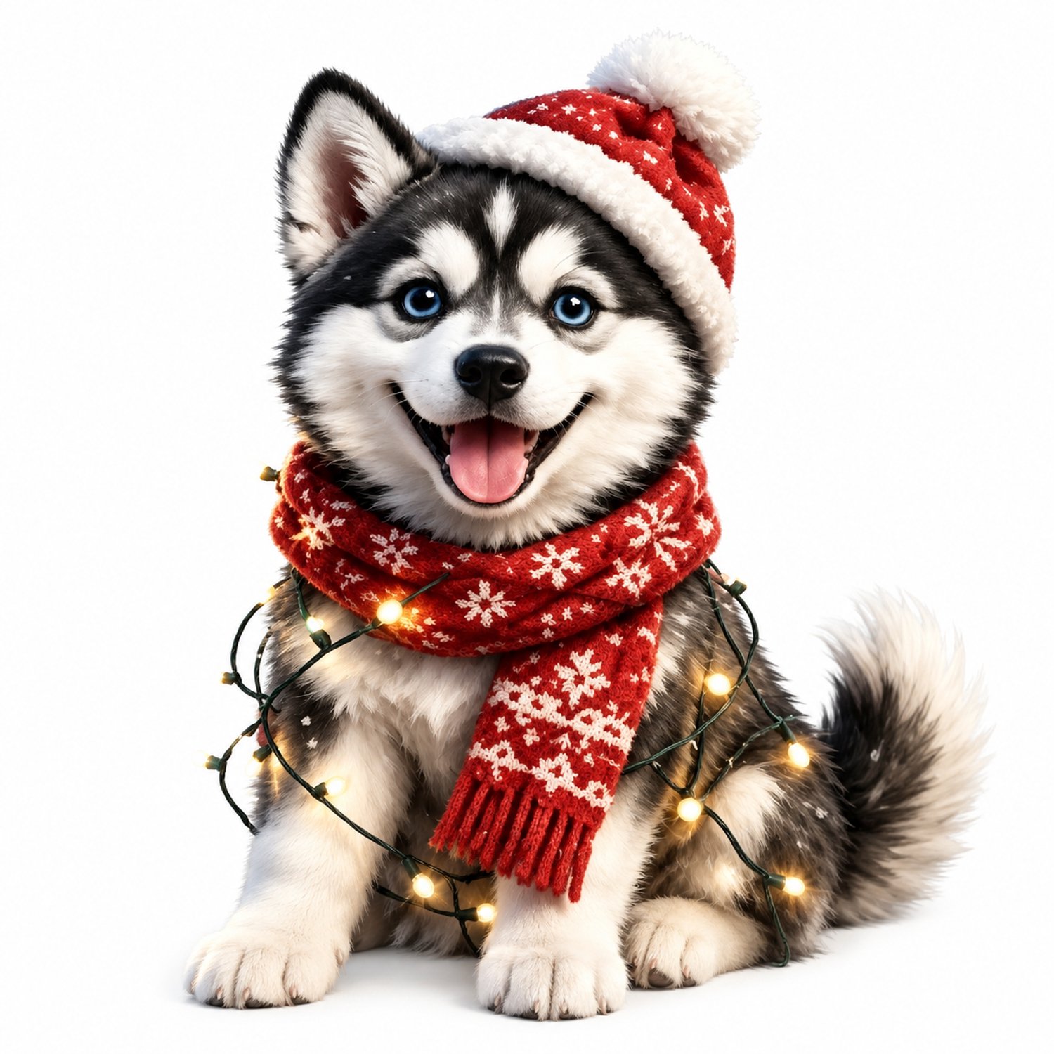SWGOTA Adventskalender 2026 met huskyillustratie, rode kerstmuts en sjaal in winters sneeuwlandschap Blauw