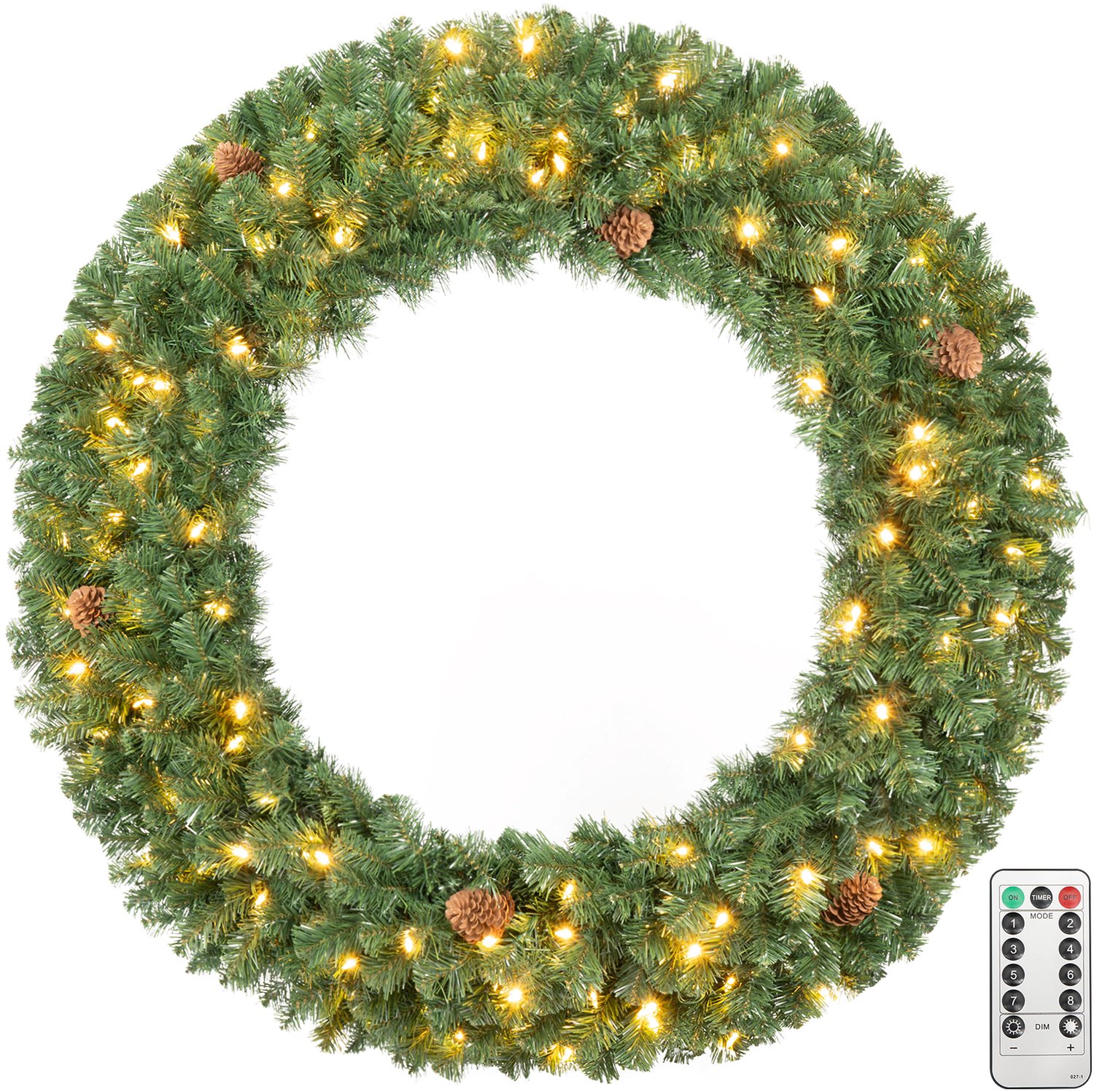 COSTWAY Kerstkrans met Verlichting Ø122 cm - 150 Warmwitte LED's - 450 PVC Takken - Kunstkerstkrans - Kerstverlichting - Kerstdecoratie - Groen