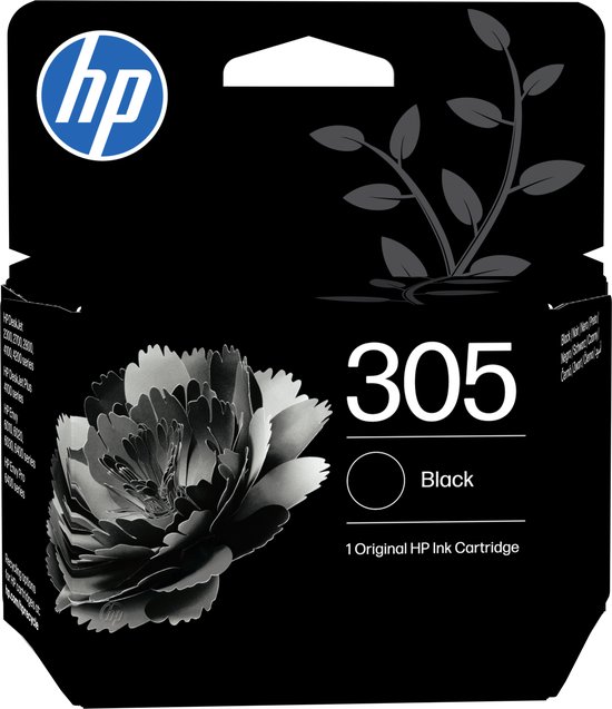 HP 305 zwarte originele inktcartridge verpakking met een zwart-wit bloem.