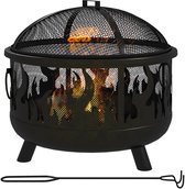 Buitenhaard/vuurkorf, met vonkenvanger en 1 pook, Ø 61,5 cm x 52 cm, zwart