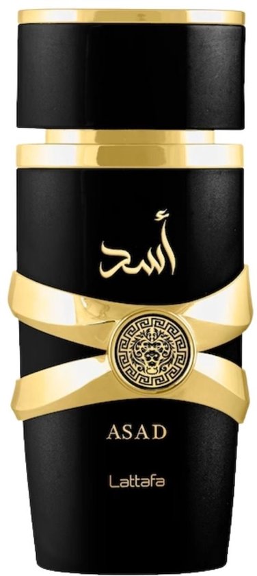Zwarte Lattafa Asad parfumfles met gouden accenten, een leeuwenembleem en Arabische kalligrafie.