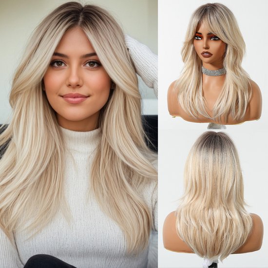 Lange blonde pruik met donkere wortels, getoond op een model en een etalagepop (voor- en achterkant).