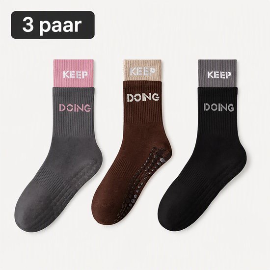 TEKROA® Yogasokken - Yoga Sokken Antislip Dames - Yoga Sokken Hoog - Set van 3 - Gripsokken voor Yoga / Pilates / Ballet - maat35-40 - grijs, Koffiekleurig，zwart — afbeelding 5