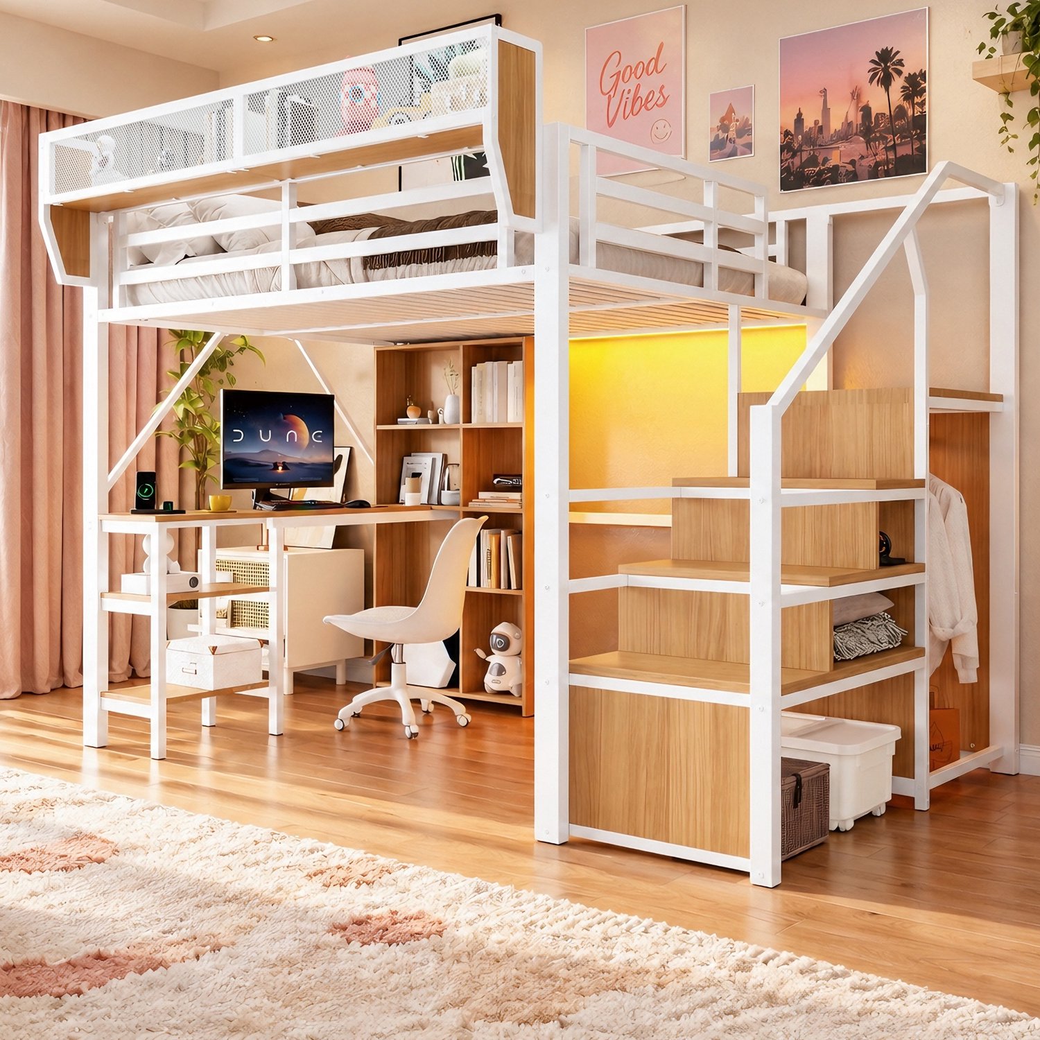PHOEBE CAT Hoogslaper - 140 x 200 cm - Opbergruimte - Bureau - Opbergrek - LED-verlichting - Stopcontact - Metalen kinderbed - Wit