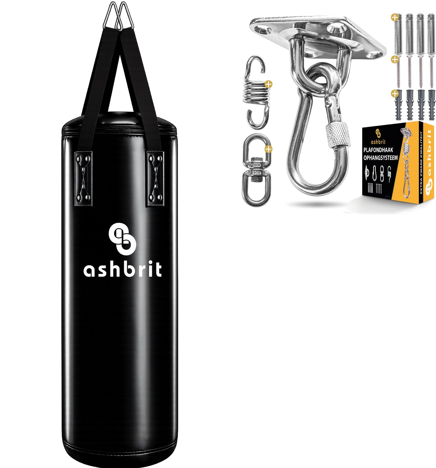 Ashbrit® Bokszak Set 100 cm met Plafondbeugel en Geluidsdempende Veer – Ongevulde Bokszak voor Boksen & Kickboksen – PVC Leer – 360° Draaibaar – Zwart