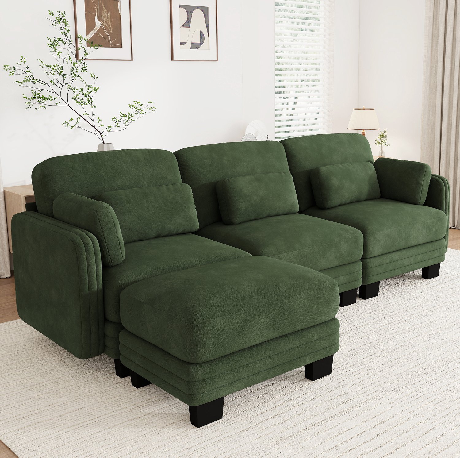 OKWISH Hoekbank 253 x 143 x 88 cm - Modulaire 3-Zitsbank met Verplaatsbare Kussens en Hocker - voor de Woonkamer - Chenille - Groen